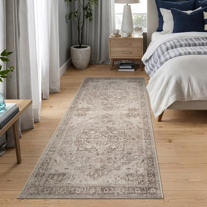 Bloom Rugs Washable Non-Slip 7 ft Runner - Beige/Gray Traditional Runner for Entryway, Hallway, Bathroom, and Kitchen - Exact Size: 2.5' x 7' - color: Beige / Gray, size: 2'6" x 7' (Runner)
