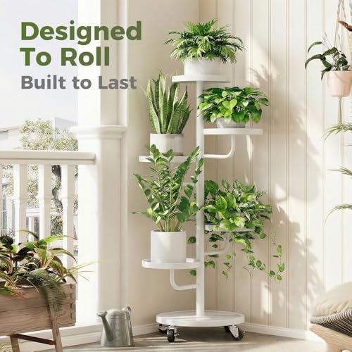 Bamworld Metal Plant Stands with Wheels Tall Plant Stand Indoor White - color: White