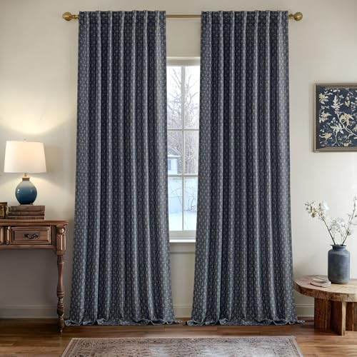 MIULEE Patterned Farmhouse Linen Curtains, Back Tab, 52Wx102L, Blue - color: Blue, size: 52"W x 102"L (Pack of 2)