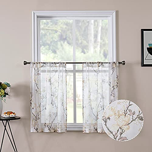 Tollpiz Floral White Sheer Tier Curtain Flower Print Vine Embroidery Kitchen Half Curtains Rod Pocket Café Voile Window Curtain for Bathroom, 30 x 36 inches Long, Set of 2 Panels - color: White, size: 30"W x 36"L (Pack of 2)
