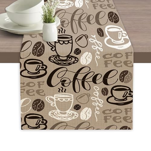 Retro Coffee Cup Table Runner Linen Long Farmhouse Rustic TableRunner for Party Holiday Dining Room /Kitchen,13 x 70 Inches - color: Retro Coffee Cup