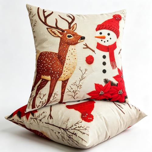 JMGBird Christmas Snowman Pillow Covers 18x18 Inch, Set of 2, White, with Pillow Inserts Included - color: Christmas Deer and Snowman, size: 18" x 18" (Pack of 2)
