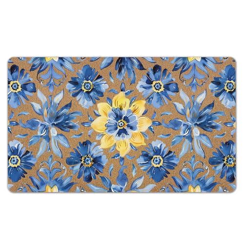 Mediterranean Blue Floral Door Mat, Blue and Yellow Pattern Front Door Mat Outside Entrance, Mediterranean Flowers Artificial Coir Doormat Rugs for Indoor Entryway Entry Outdoor, 17x30 Inch - color: Blue Floral
