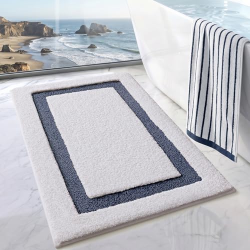LUMI Bathroom Rug, Non Slip Absorbent Bath Mat, White Blue, 20"x32" - color: White+blue, size: 20"x32"