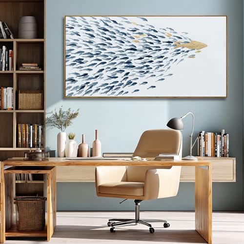 SOUGUAN Large Canvas Wall Art,Ocean Blue Animal Pictures Print,Fish Canvas Wall Decor,Blue And Gold Artwork for Living Room Bedroom Kitchen 24"x48" - color: Blue, size: 48"L x 24"W