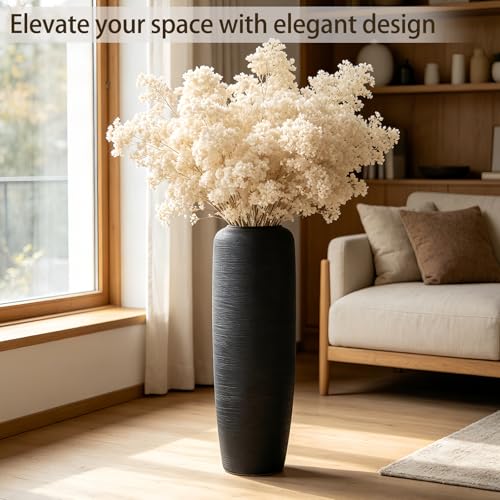 Black Rustic Ceramic Floor Vase, 24 Inch, Ribbed Texture - size: 23.6 Inch
