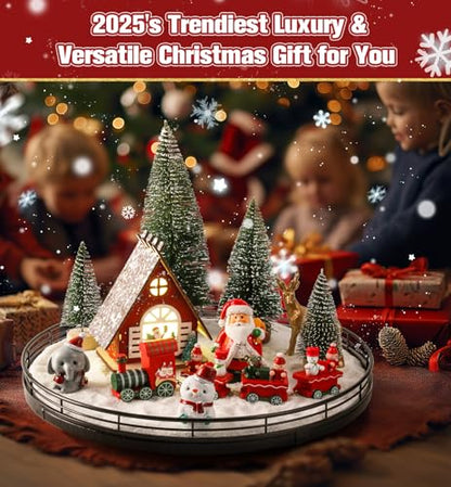Oroyutor 12-Piece Christmas Village Centerpiece with 13-Inch Oak Lazy Susan
