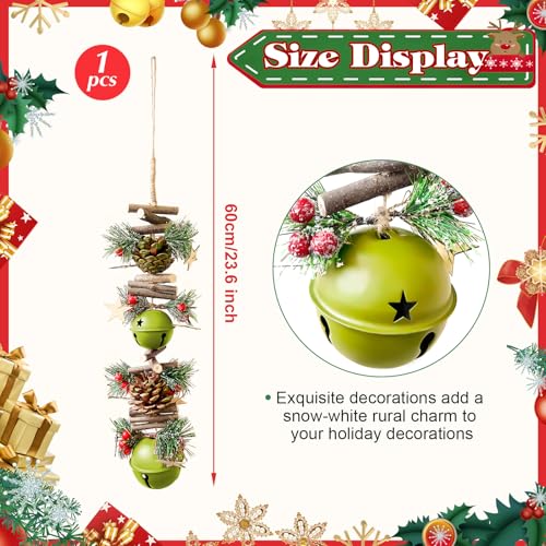23.6 Inches Christmas Pinecone and Bell Hanging Decoration, Rustic Wood Stick Garland with Frosted Pine Leaves, Snowy Berries and Bells, Holiday Ornament for Door Wall Fireplace, Indoor Outdoor Decor - color: Green