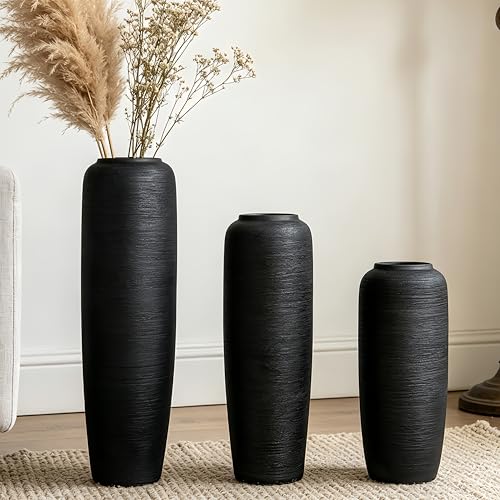 Black Rustic Ceramic Floor Vase, 15.7 Inch, Ribbed Texture - size: 15.7 Inch