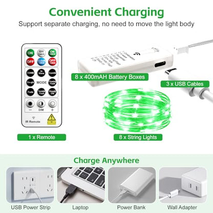 8 Pack Rechargeable LED Fairy Lights 7Ft 20LED Battery Operated - color: Green