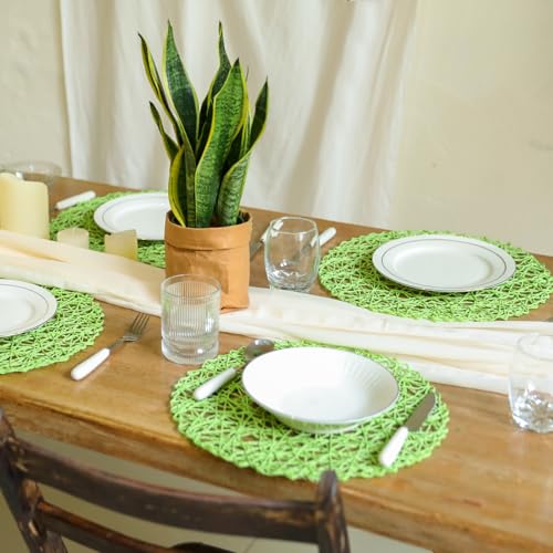 AHHFSMEI Paper Braided Round Placemats Set of 12 Natural Non-Slip Heat Resistant Table Mats for Dining Tables Woven Indoor Outdoor Place mats(Light Green,12) - color: Light Green