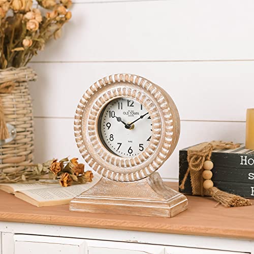 NIKKY HOME Hand Carved Wood Table Clock, Shelf Desk Top Clock Battery Operated Boho Design, Vintage Home Decor for Fireplace Mantel, Desktop, Countertop, Natural Wood Color