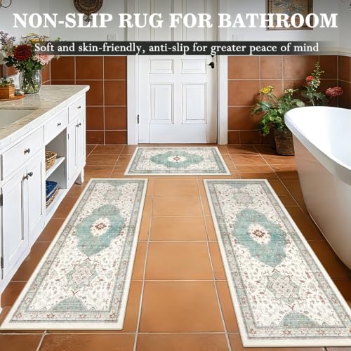 Boho Kitchen Rug Set of 3, Non-Slip Washable Water Green Kitchen Mat - color: Water Green, size: 20"x32"+20"x48"+20"x59"