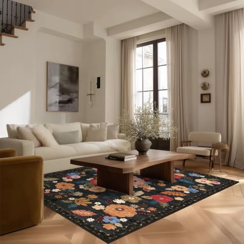 4x6 Washable Small Bedroom Rug: Living Room Area Rugs Non Slip Throw Carpet - color: Black Floral, size: 4' x 6' (Rectangular)