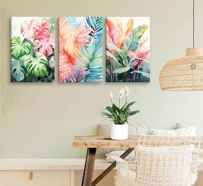 Uofnvrji 3pcs Framed Tropical Botanical Monstera Leaves Canvas Wall Art - color: Colorful, size: 12x16 Inch Framed