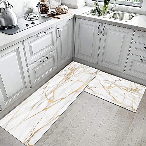 Mrcrypos Gold White Kitchen Rugs Cushioned Anti Fatigue 2 PCS Marble - color: White Marble, size: 17" W x 29" L + 17" W x 47" L