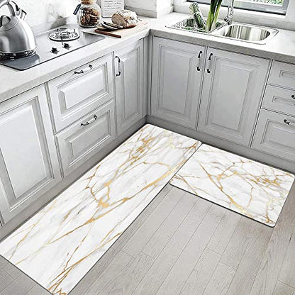 Mrcrypos Gold White Kitchen Rugs Cushioned Anti Fatigue 2 PCS Marble - color: White Marble, size: 17" W x 29" L + 17" W x 47" L
