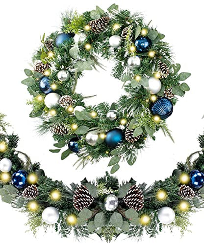 WANNA-CUL Pre-Lit 9ft Christmas Garland with Lights 50 LED Blue Baubles - color: 01-sliver Blue