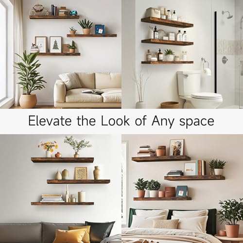 BAYKA Rustic Brown Floating Shelves 35.4in, Set of 3, Wall Mount Wood Shelf - color: B. Rustic Brown - Americana Farmhouse Style, size: 35.4inches