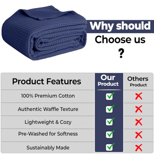 100% Cotton Blankets for Bed - Waffle Weave Blankets for Summer, Lightweight and Breathable Soft Woven Blanket for Spring (Navy, Throw (50" x 60")) - color: Navy, size: Throw (50" x 60")