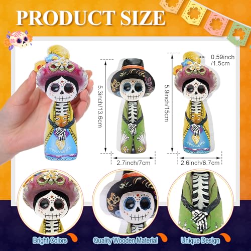 Yuntau 2 Pcs Day of The Dead Figurines Wooden Dia De Los Muertos Skull - style: Skeleton
