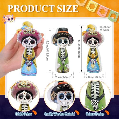 Yuntau 2 Pcs Day of The Dead Figurines Wooden Dia De Los Muertos Skull - style: Skeleton