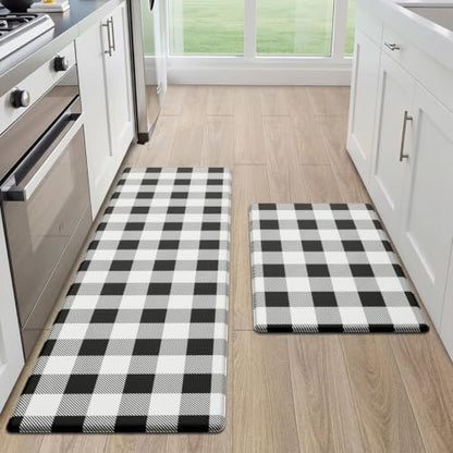 MAYHMYO 2PC Kitchen Mats for Floor,Buffalo Plaid Kitchen Rugs Anti Fatigue - color: Black