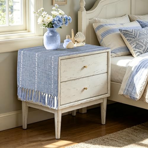 Dusty Blue Table Runner Short 15.7 x 36 inch, Blue and White Summer Coastal Coffee Table Cover, Boho Small Table Cloth, Dresser Runner Scarf for Nightstand, End Table, Rustic Farmhouse Home Decor - color: Dusty Blue, size: 36 inch