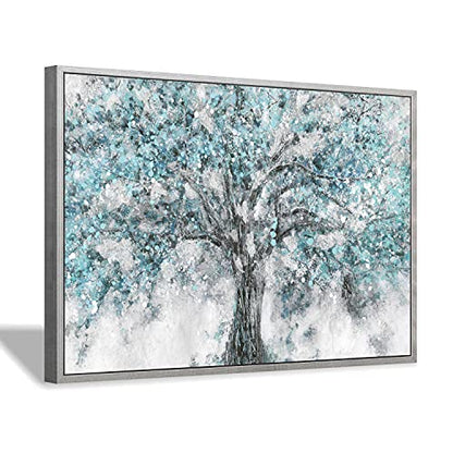 Abstract Blue Tree Canvas Wall Art, Modern Nature Picture, 45x30 Inches - color: Framed Blue Tree, size: 45"L x 30"W