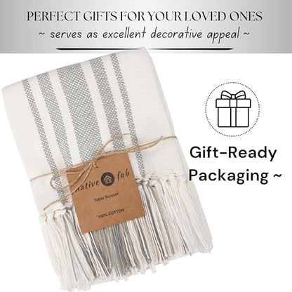 Native Fab Gray Stripe Table Runner - 72 Inches Long Boho Table Covers with Tassels - 100% Cotton, Tight Weave, Non Slip Tablerunner for Dining, Kitchen, Wedding, 14"x72" - Light Grey & White - color: Ash (Light) Grey White, size: 14x72