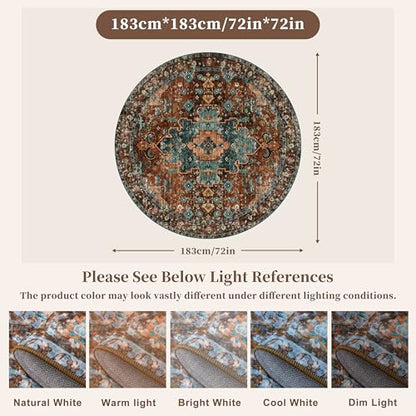 Ciicool 6ft Round Boho Large Area Rug,Washable Circle Rugs for Living Room - color: Brick Red/Dull Teal, size: 6' (Round)