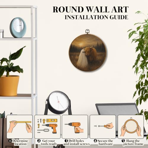 JUIOEIU Fall Halloween Ghost Highland Cow Round Wall Decor 995 - color: Ghost Highland Cow