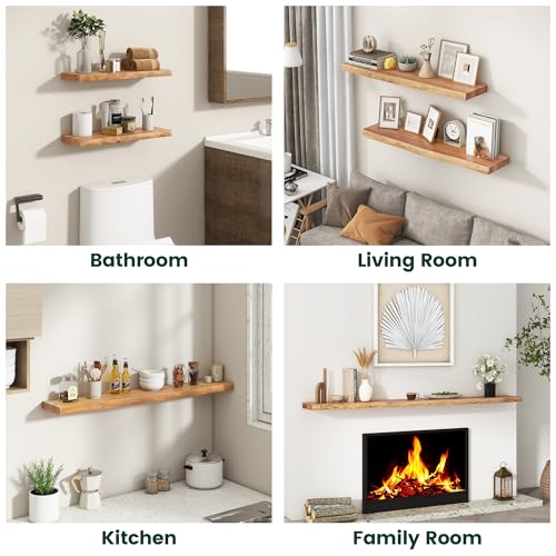 72in Live Edge Solid Elm Floating Shelves, Natural, Set of 1 - color: Natural Color, size: Live Edge 72 inch, 1Pack