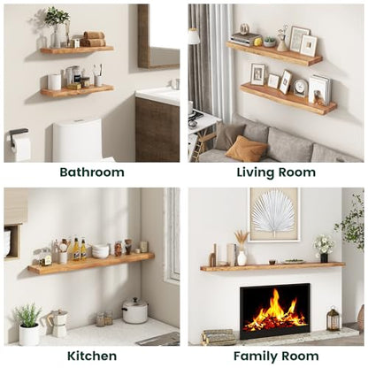 72in Live Edge Solid Elm Floating Shelves, Natural, Set of 1 - color: Natural Color, size: Live Edge 72 inch, 1Pack