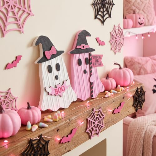 Valery Madelyn Pink Halloween Decor, Set of 2 Cute Halloween Ghost Decor, Witch Hat Boo & Trick or Treat Wooden Tabletop Signs for Home, Shelf, Tiered Tray Party Display, 7 Inch - size: Large