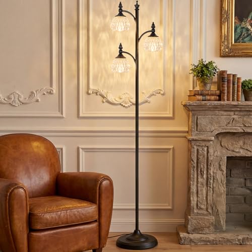 JUNNAI Black Flower Floor Lamp,Tall Standing Lamp Dimmable Tree Floor Lamps with 3 Lights Glass Shade 66.5in Modern Corner Lamp for Living Room Bedroom Office(3LED Bulbs - color: Black-4