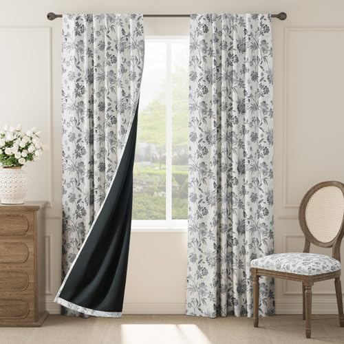 jinchan Black Floral Blackout Curtains 84 Inch Vintage Back Tab 2 Panels - color: *Black, size: 52"W x 84"L (Pack of 2)