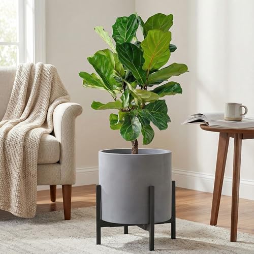 FaithLand 14 Inch Fiberstone Planter - Lightweight Modern Cylinder Plant Pot with Drainage Hole & Plug, Authentic Concrete Look, Gray - color: Gray, size: 14 inch