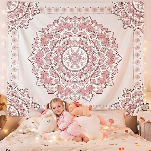 Pink Mandala Tapestry for Bedroom Aesthetic, Boho Art Large Wall Hanging - color: A Pink Mandala Tapestry, size: 48"L x 36"W