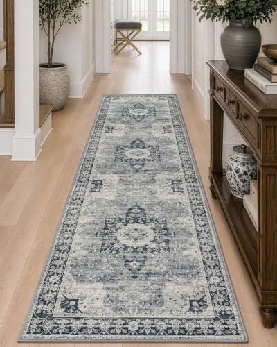 DEXI Hallway Runner Rug Non Slip Washable 3x10, Vintage Floral, Blue Grey - color: Blue Grey, size: 3' x 10' (Runner)