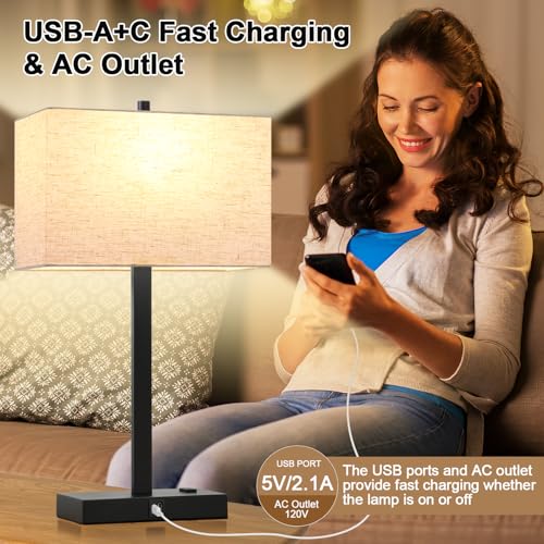Lynnoland 21" Set of 2 Table lamp with USB A+C & AC Outlets, Touch Control 3-Way Dimmable Nightstand Lamps for Bedroom Living Room Office Reading, Linen Shade Touch Lamps, 3000K LED Bulbs Included - color: Natural Linen & Matte Black