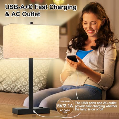 Lynnoland 21" Set of 2 Table lamp with USB A+C & AC Outlets, Touch Control 3-Way Dimmable Nightstand Lamps for Bedroom Living Room Office Reading, Linen Shade Touch Lamps, 3000K LED Bulbs Included - color: Natural Linen & Matte Black
