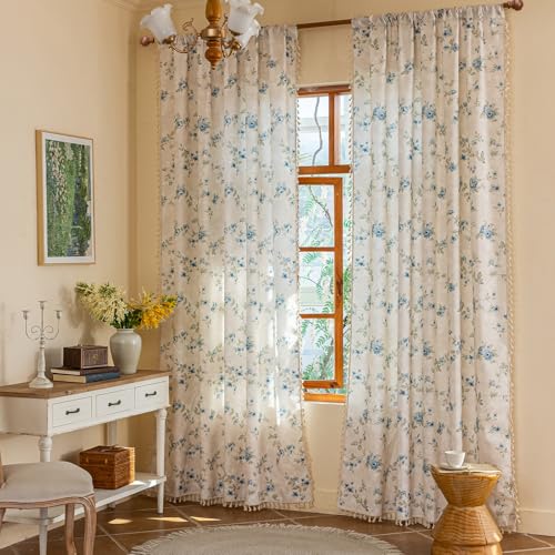 ENJOYBRIDAL Blue Floral Curtains 84 Inch Long Bedroom Cute Drapes Rod Pocket Boho Semi Sheer Rustic Window Curtain Panels Floor Length Living Room Farmhouse 2 Panels Vintage Window Treatments - color: Floral12, size: 52"W x 84"L (Pack of 2)