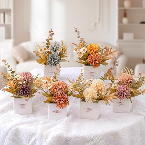 6PCS Artificial Fall Flowers with Ceramic Vases – Chrysanthemums & Daisies - color: Fall Multicolor