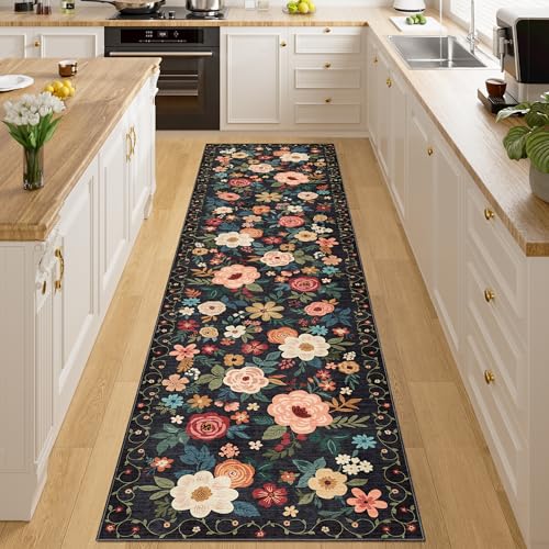 DUKINO 2x8 Runner Rug, Floral Washable Kitchen Runner Rug Non Slip, Black - color: Black, size: 2' x 8' (Rectangular)