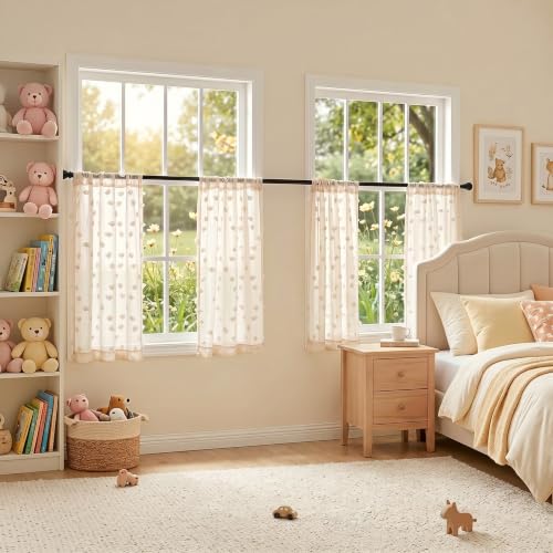 MYSKY HOME Beige Boho Sheer Curtains with Cream Pom Pom 36Wx45L,2 Panels - color: 1-wood Beige, size: 36"W x 45"L (Pack of 2)