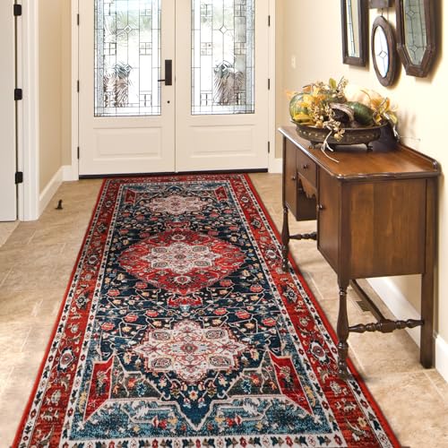 YJ.GWL Area Rug 2x6, Machine Washable Hallway Runner Rug, Boho Floral Vintage Distress Print Pattern Carpet, Low Pile Lightweight Thin Rugs for Entryway, Kitchen and Corridor, Red - color: Red, size: 2' x 6' (Rectangular)