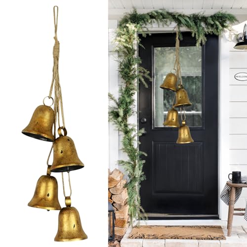 styleonme Decorative Bells, 4-Piece Set of Harmonious Bells, Vintage Handmade and Rustic Lucky Christmas Bells Hanging on a Rope, Gifts for Mom, Grandma, and Women - color: Brass
