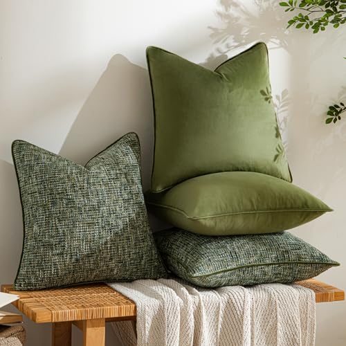 a moment Dark Green 4 Pack Throw Pillow Covers - Chenille & Velvet Set with Piping, Farmhouse Textured Design Cushion Cases for Couch Sofa Bed (18x18 Inch, No Insert) - color: Dark Green, size: 18" x 18" (Pack of 4)