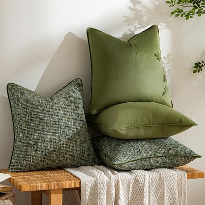 a moment Dark Green 4 Pack Throw Pillow Covers - Chenille & Velvet Set with Piping, Farmhouse Textured Design Cushion Cases for Couch Sofa Bed (18x18 Inch, No Insert) - color: Dark Green, size: 18" x 18" (Pack of 4)